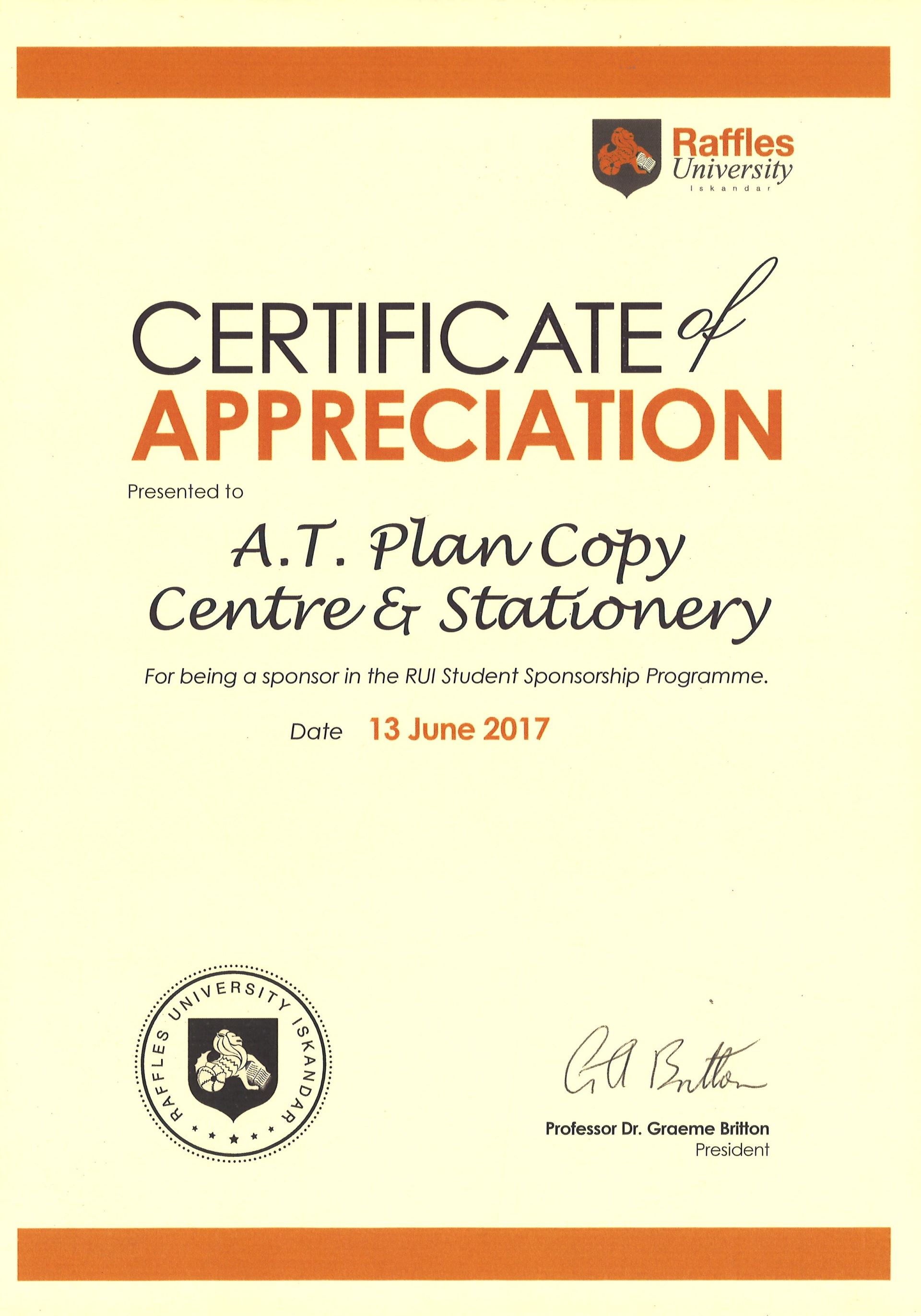 Certificate of Appreciation - Raffles University